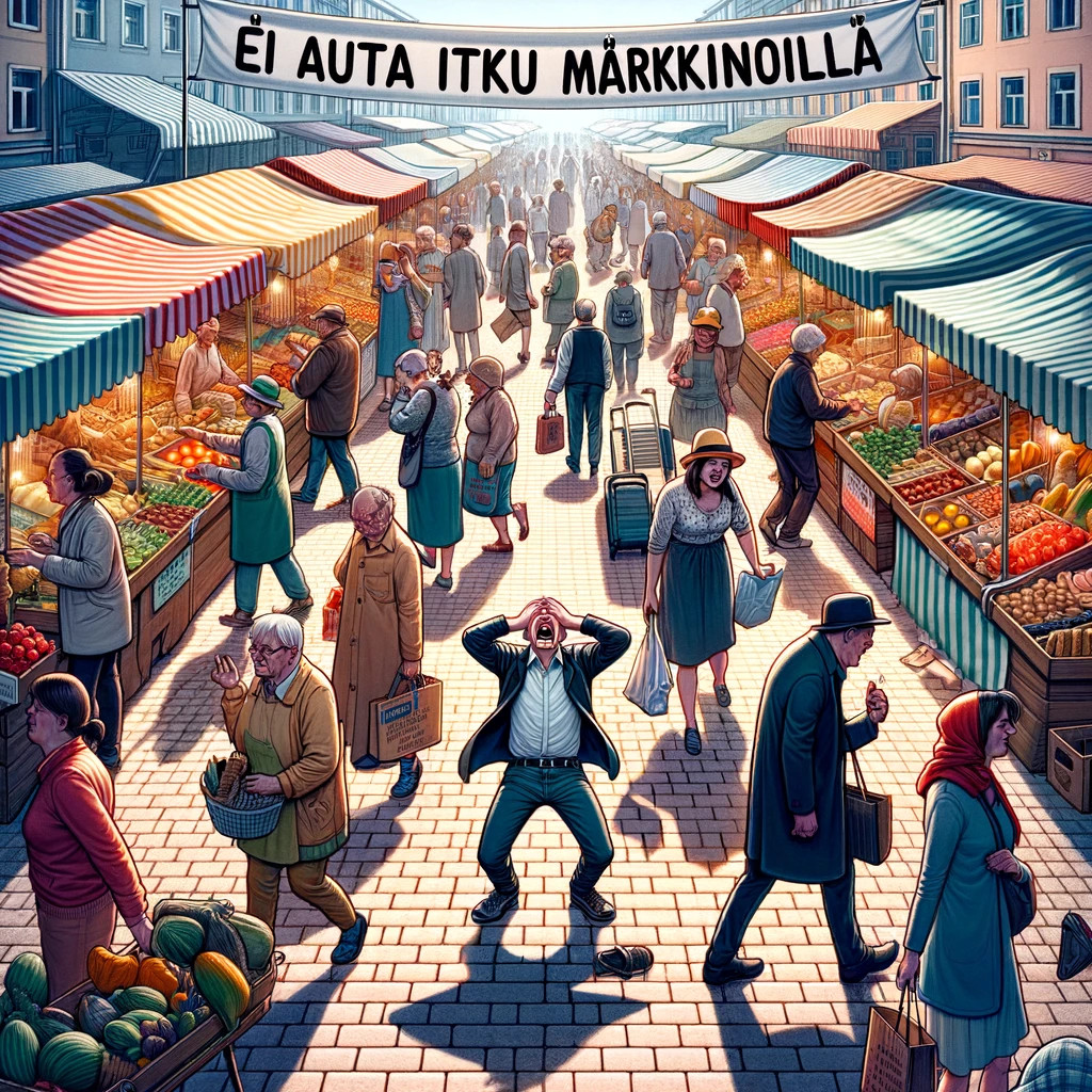 DALL·E 2024-03-17 23.31.43 - A creative illustration of the Finnish proverb 'ei auta itku markkinoilla', which translates to 'crying doesn't help at the market'. The scene is set .webp